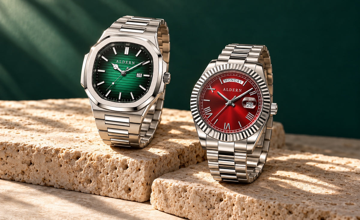 ALDERN green and red dial watches on travertine